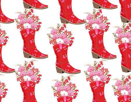 Cute Cowgirl  seamless vector pattern. Howdy Cowboy boots, with wild Flowers repeating background. Wild West surface pattern design for All fabric and Printsのイラスト素材