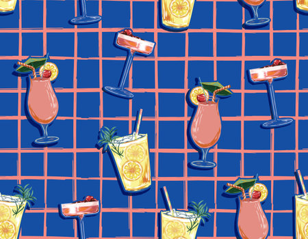 Freshness Summer cocktail on grid line Seamless pattern vector Illustration , Design for fashion ,...