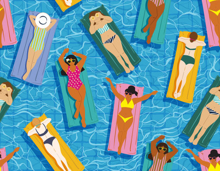 Seamless Pattern Summertime holidays cute Girl in swimsuit floating on colorful inflatable rubber in...