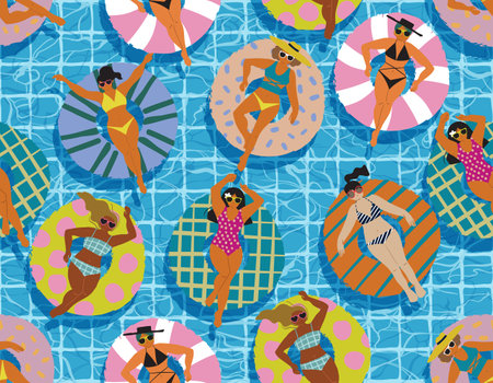 Seamless Pattern Summertime holidays cute Girl in swimsuit floating on colorful inflatable rings in Blue pool water.  vector Illustration , Design for fashion , fabric, textile, wallpaper , wrapping and all printsのイラスト素材