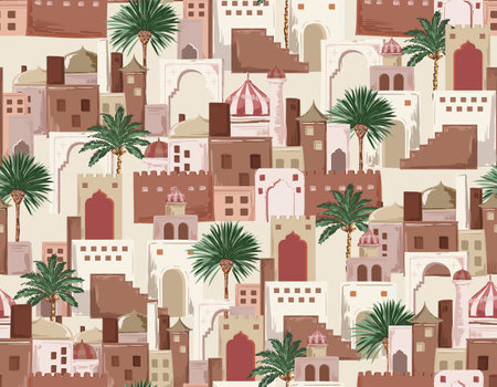 Moroccan architecture. City Scape building and garden seamless pattern,  bohemian aesthetic. Vector illustration ,Design for fashion , fabric, textile, wallpaper , wrapping and all printのイラスト素材
