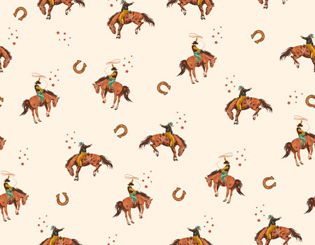 Stylish western Cowboys rodeo  seamless  from wild west rural Landscape mountain farm vector illustration ,Design for fashion , fabric, textile, wallpaper , wrapping and all printsのイラスト素材