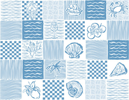 Trendy Tropical  Vacation in Italy mood , palm trees silhouettes , Island , Leaves , Lobster repeat in retro style. Vector art Hand drawn illustration for summer design, print, exotic wallpaper, textile, fabricのイラスト素材