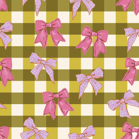 Trendy Seamless pattern of  Coquette bows Vector Illustration Hand drawn ribbon on gingham Check background. Design for fashion , fabric, textile, wallpaper , wrapping and all printsのイラスト素材