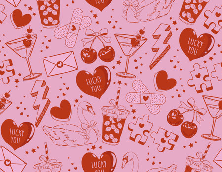 Trendy Valentine's Day Seamless pattern  ,Pink and Red, Perfect match , Love Couple Jigsaw , Heart ,...