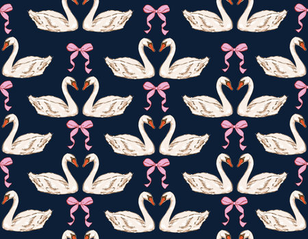 Trendy Valentine's Day Seamless pattern  , Perfect match , Love Couple Swan  , Pink Coquette Bows  Hand drawn Illustration Vector not Ai , Design for fashion , fabric, textile, wallpaper , wrapping and all printsのイラスト素材