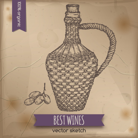 Vintage wine bottle template placed on old paper background. Great for markets, grocery stores, organic shops, food label design.のイラスト素材