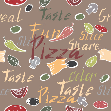 Seamless pattern with ink painted pizza related hand painted words and pizza toppings. Brush lettering text. Great for restaurant, cafe, bars, tea ads, wallpaper, wrapping paper.のイラスト素材