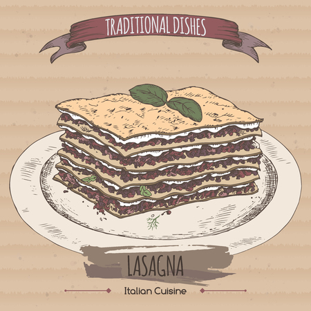 Color lasagna sketch placed on cardboard background. Italian cuisine. Traditional dishes series. Great for market, restaurant, cafe, food label design.のイラスト素材