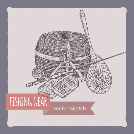 Fishing gear hand drawn sketch. Great for travel ads and brochures, fishing and vacation illustrations.のイラスト素材