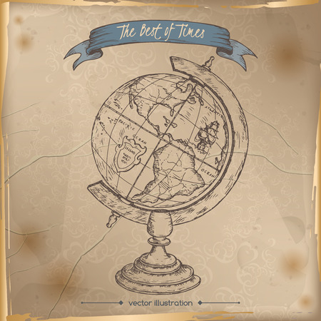 Antique globe hand drawn sketch placed on old paper background. Vintage collection. Great for school, education, book shop, retro design.のイラスト素材