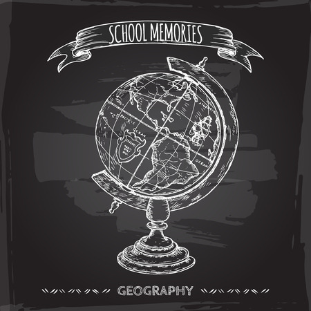 Vintage globe hand drawn sketch placed on blackboard background. School memories collection. Great for school, education, book shop, retro design.のイラスト素材