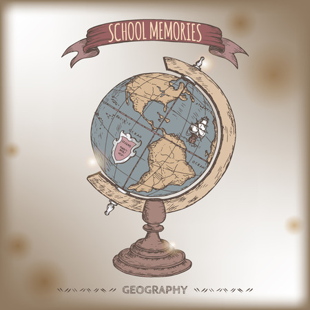 Color antique globe hand drawn sketch placed on old paper background. School memories collection. Great for school, education, book shop, retro design.のイラスト素材