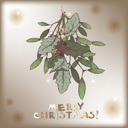 Color vintage Christmas card with mistletoe branch decorations. Based on hand drawn sketch. Great for greeting cards and holiday design.のイラスト素材