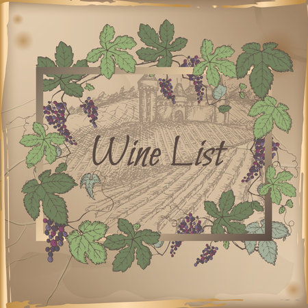 Wine list template with castle, vineyard and color grapevine frame on vintage background. Great for restaurants, cafes, bars, markets, grocery stores, organic shops, food label design.のイラスト素材