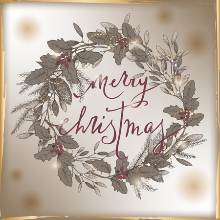 Vintage Christmas card template with brush lettering, mistletoe and pine wreath. Great for greeting cards and holiday design.のイラスト素材