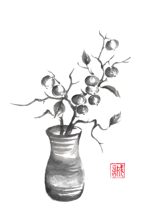 Vase with berries Japanese style sumi-e painting.の写真素材