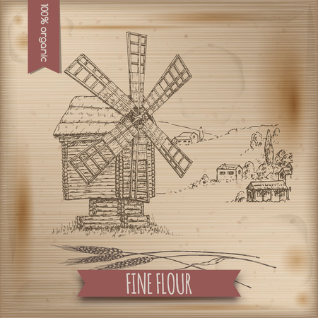 Wooden windmill, landscape and wheat vector sketch on wintage background.のイラスト素材