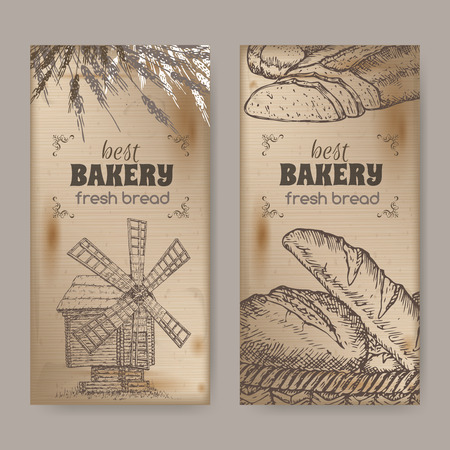 Two bakery label templates with wooden windmill, wheat and breadのイラスト素材