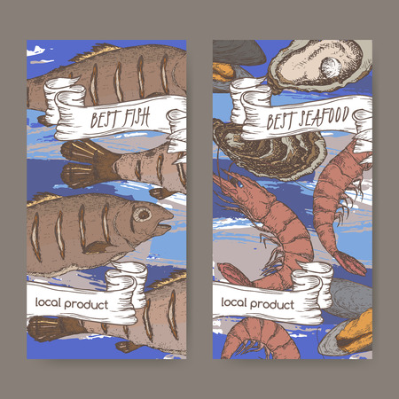 Two color seafood abel templates with fish, lobster, shrimps on blue.のイラスト素材