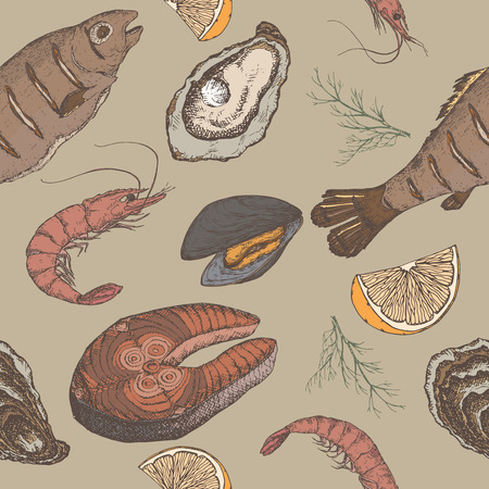 Hand drawn seafood vector color seamless patternのイラスト素材