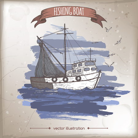 Fishing boat with nets color sketch.のイラスト素材