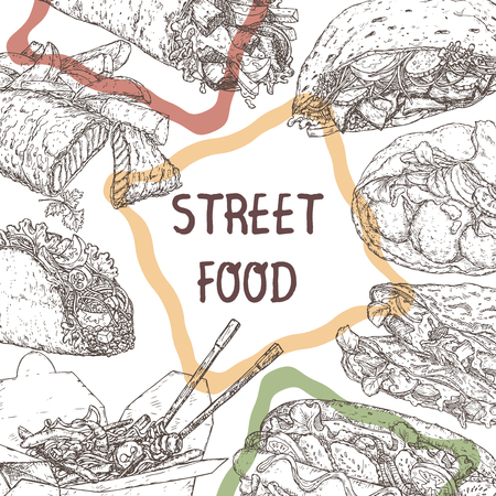 Street food template with sketches of traditional dishes.のイラスト素材