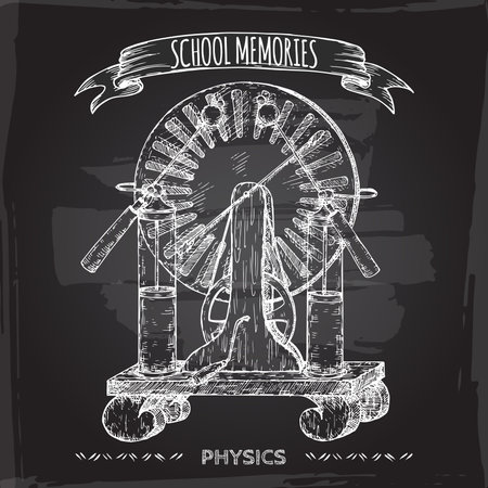 Antique electricity generator model sketch placed on blackboard background.のイラスト素材