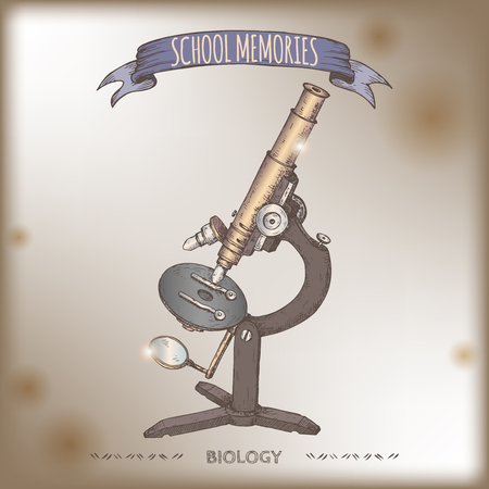 Antique microscope hand drawn color sketch placed on vintage background.のイラスト素材