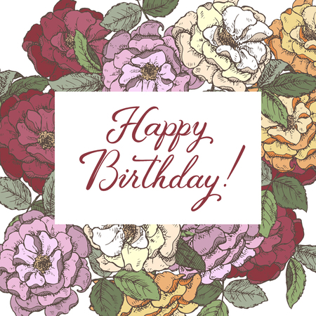 Romantic birthday card template with calligraphy and roses sketch.のイラスト素材