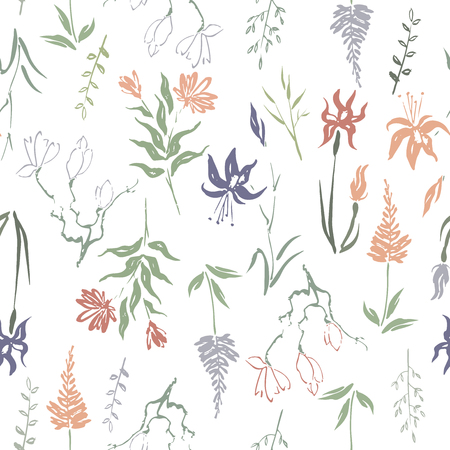 Seamless patterm based on color hand painted ink leaves, flowers and herbs with magnolia and iris.のイラスト素材