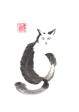 Cat looking back Japanese style original sumi-e ink painting.の写真素材