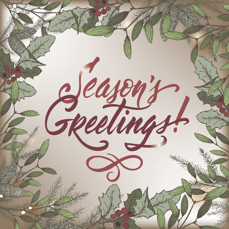 Vintage Christmas color decorative template with mistletoe, pine branches and holiday brush lettering.のイラスト素材