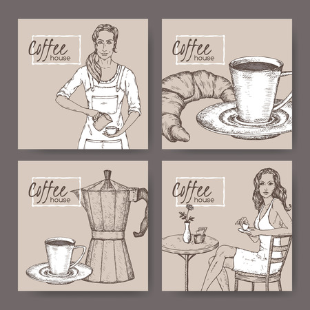 Four coffee house labels with barista, coffee cup, moka pot, croissant and lady client. Great for bakery and restaurant, cafe ads, brochures, labels.のイラスト素材