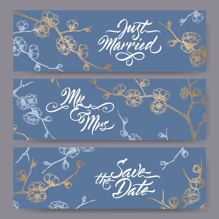 Set of three original wedding banners based on blooming plum branch sketch on blue and brush calligraphy. Vector illustration.のイラスト素材