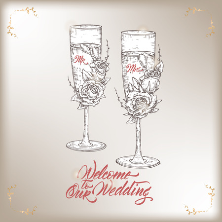 Romantic vintage Wedding invitation card template with calligraphy and decorated sparkling wine glasses sketch.のイラスト素材