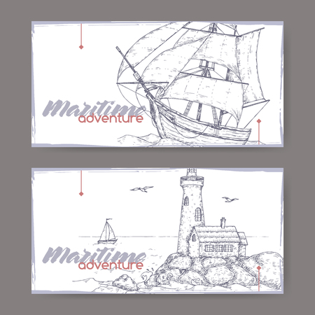 Two landscape banners with tall ship and lighthouse sketch. Maritime adveture series. Great for travel ads and brochures, sailing and tourist illustrations.のイラスト素材