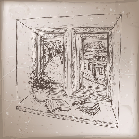 Romantic vintage card with books on windowsill sketch. Great for posters, books illustrations, holiday cards.のイラスト素材
