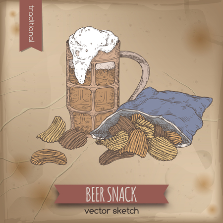 Vintage color template with hand drawn beer mug and potatao chips.のイラスト素材