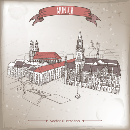 Vintage travel illustration with Munich, Germany, old town sketch. Hand drawn sketch. Great for coffee, restaurant, cafe ads, travel brochures, labels.のイラスト素材