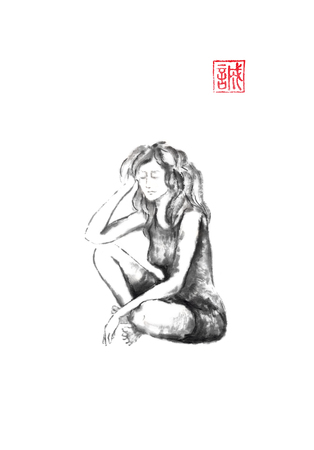 Sitting girl Japanese style original sumi-e ink painting.の写真素材