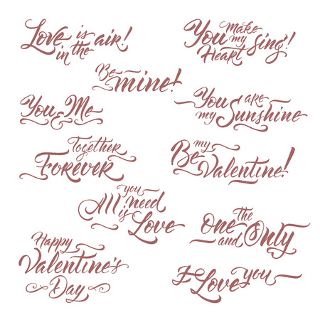 Collection of romantic brush lettering phrases saing Be my Valentine, I love you, All you need is love and other. Great for posters, greeting cards.のイラスト素材
