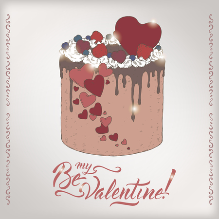 Romantic color card with holiday cake and brush lettering saing Be my Valentine. Great for posters, greeting cards.のイラスト素材