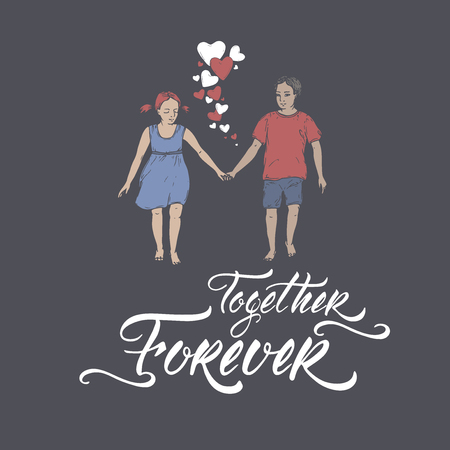 Valentine romantic color card with boy and girl holding hands on blue and brush lettering saing Together Forever. Great for posters, greeting cards.のイラスト素材