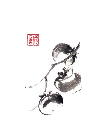 Three persimmons Japanese style original sumi-e ink painting.の写真素材