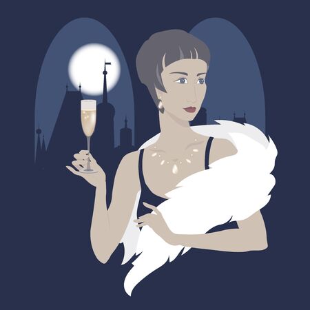 Cartoon with beautiful lady in evening dress with a glass of sparkling wine before window looking at old European town.のイラスト素材