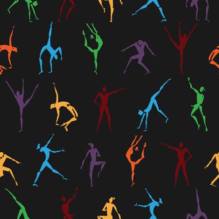 Seamless pattern with hand drawn color ink dancing figures.のイラスト素材