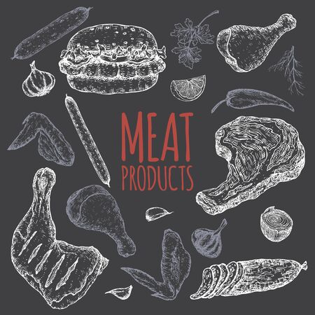 Meat products black template featuring sketches of cold meats, sausages, hamburger, steak, chicken, vegetables.のイラスト素材