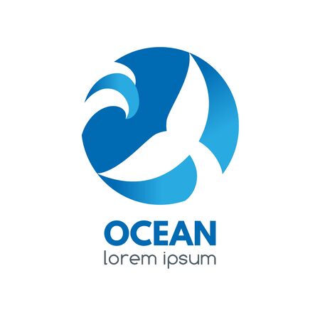 Logo badge with dolphin tail and ocean wave in a circular shape.のイラスト素材
