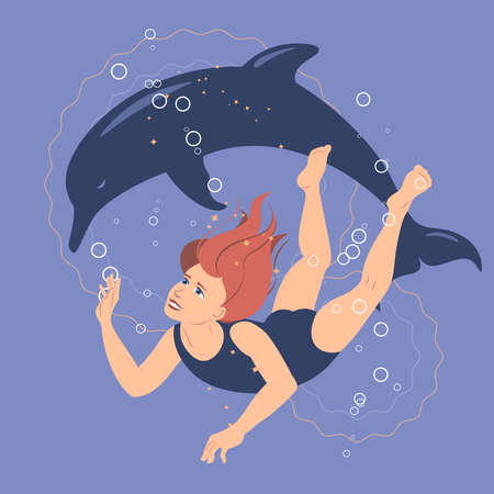 Young girl swimming with dolphin flat style vector illustration.のイラスト素材